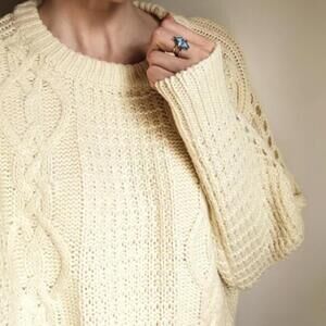 Storia Cream Cable Knit Detailed Sleeve Pullover Sweater - Size - Large